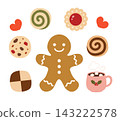 An illustration of a Christmas gingerbread man, a cookie assortment, and hot cocoa. 143222578