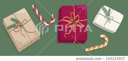 Flat lay Christmas gift boxes with striped candy canes on green background. Cozy eco winter holiday present packages vector banner illustration Flat lay Christmas gift boxes with striped candy canes on green background. Cozy eco winter holiday present packages vector banner illustration 143222937
