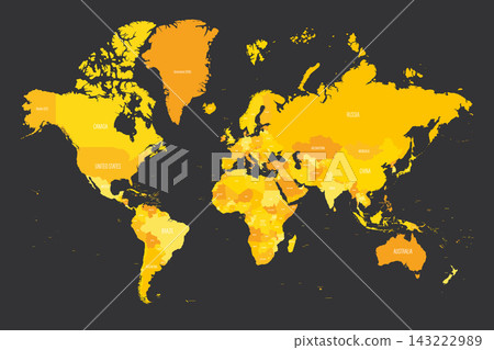Map of World. Mercator projection. High detailed political map of countries and dependent territories. Simple flat vector illustration. Yellow shades on dark grey background Map of World. Mercator projection. High detailed political map of countries and dependent territories. Simple flat vector illustration. Yellow shades on dark grey background 143222989