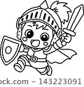 An illustration of a cute knight character having a great time with a sword and shield. 143223091
