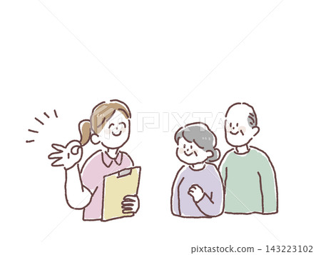 護士和護理人員向一對老年夫婦解釋了情況，並向他們做了個OK的手勢。 143223102