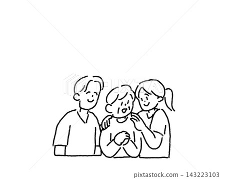 一幅線條畫,描繪了一男一女溫柔地攙扶著一位老婦人。 一幅線條畫,描繪了一男一女溫柔地攙扶著一位老婦人。 143223103
