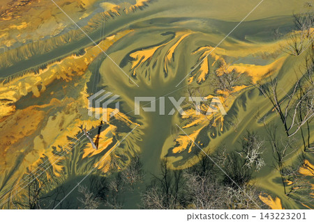 Aerial view of abstract poisonous colorful water background. Natural pattern Aerial view of abstract poisonous colorful water background. Natural pattern 143223201