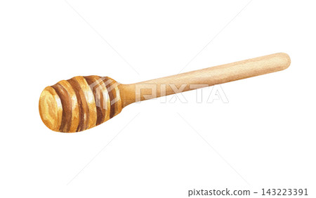 Wooden honey dipper with grooved head watercolor illustration on isolated background. Sweet kitchen tool design for honey branding, breakfast menus, recipe cards, and beekeeping product labels. Wooden honey dipper with grooved head watercolor illustration on isolated background. Sweet kitchen tool design for honey branding, breakfast menus, recipe cards, and beekeeping product labels. 143223391