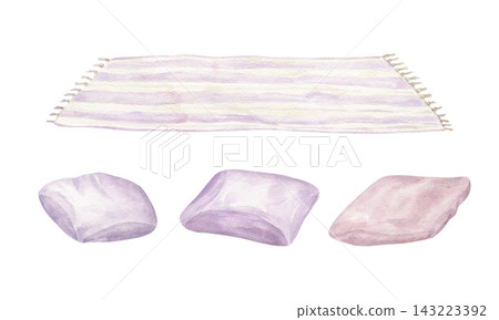 Striped rug with fringe and three pastel pillows or folded blankets set. Cozy home textile watercolor illustration on isolated background. Decor elements for bedroom, spa interiors, comfort stationery Striped rug with fringe and three pastel pillows or folded blankets set. Cozy home textile watercolor illustration on isolated background. Decor elements for bedroom, spa interiors, comfort stationery 143223392