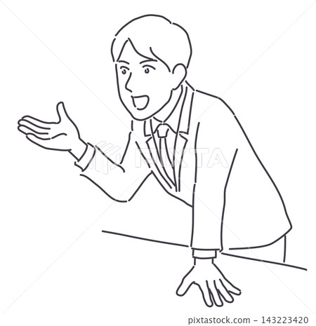 A man in a suit leaning forward to speak (line only) 143223420