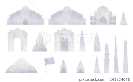 Set of isolated Indian architectural silhouettes watercolor illustration. Domes, arches, minarets, and towers clip art. Design kit for infographics, stage scenery, presentations, and city skyline Set of isolated Indian architectural silhouettes watercolor illustration. Domes, arches, minarets, and towers clip art. Design kit for infographics, stage scenery, presentations, and city skyline 143224078