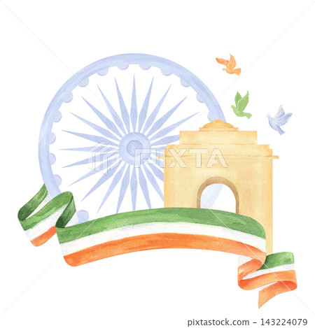 India Republic Day emblem with Ashoka Chakra, India Gate, flag ribbon, and flying doves watercolor illustration on isolated background. Patriotic poster for souvenir product, magnet, mug, postcard India Republic Day emblem with Ashoka Chakra, India Gate, flag ribbon, and flying doves watercolor illustration on isolated background. Patriotic poster for souvenir product, magnet, mug, postcard 143224079