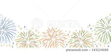 Colorful fireworks, sparks, and confetti in orange, blue, green, and gold horizontal border on isolated background. Celebrate watercolor illustration. Festive design for holiday card, party invitation Colorful fireworks, sparks, and confetti in orange, blue, green, and gold horizontal border on isolated background. Celebrate watercolor illustration. Festive design for holiday card, party invitation 143224080