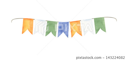 Festive bunting garland in orange, white, green, and blue colors watercolor illustration on isolated background. Ireland and India cultural event, St Patrick's Day, Republic Day, school celebration. Festive bunting garland in orange, white, green, and blue colors watercolor illustration on isolated background. Ireland and India cultural event, St Patrick's Day, Republic Day, school celebration. 143224082