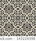 Seamless cream and black vector lace pattern with floral medallions, interlaced loops, scalloped rosettes and honeycomb mesh for textiles, wallpaper, wrapping paper and elegant backgrounds. 143224398