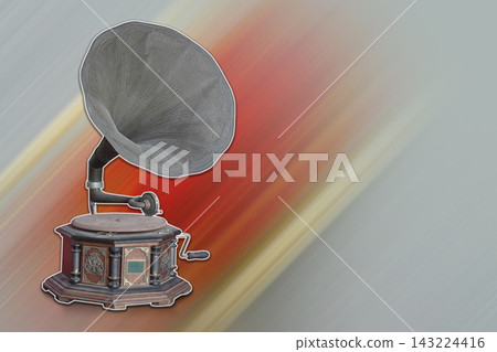 side view antique and old brass and wood gramophone placed on a white edge, set against a red and yellow speed and laser and gray background, decor, object, ancient, copy space side view antique and old brass and wood gramophone placed on a white edge, set against a red and yellow speed and laser and gray background, decor, object, ancient, copy space 143224416