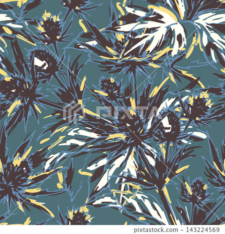 Abstract repeating floral design with loose brush-stroke blossoms, dark outlines, and muted teal background, for modern wallpaper, textile prints, stationery, packaging, and home decor. Abstract repeating floral design with loose brush-stroke blossoms, dark outlines, and muted teal background, for modern wallpaper, textile prints, stationery, packaging, and home decor. 143224569