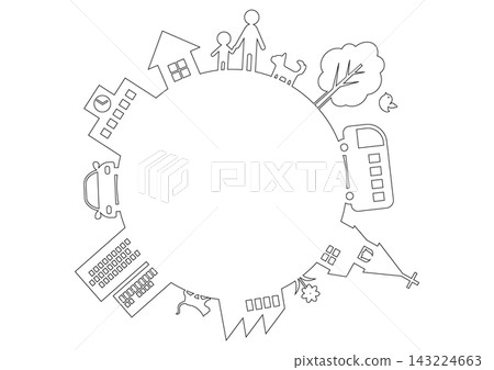 A circular silhouette line drawing frame of a city and its inhabitants: Ecology A circular silhouette line drawing frame of a city and its inhabitants: Ecology 143224663