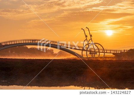 Sunrise Dawn over Misaeng Bridge with Water Reflection in Siheung Wetland, South Korea Sunrise Dawn over Misaeng Bridge with Water Reflection in Siheung Wetland, South Korea 143224827