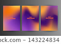 Happy Halloween poster template set with modern abstract blurred gradient background in purple and orange colors featuring spooky pumpkin and bat silhouettes for seasonal holiday celebration. 143224834