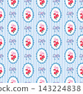 Seamless pattern with cute red flowers in scalloped frame and pink bow on blue striped background. Vintage retro floral vector illustration for wrapping paper, fabric textile print, wallpaper design. 143224838