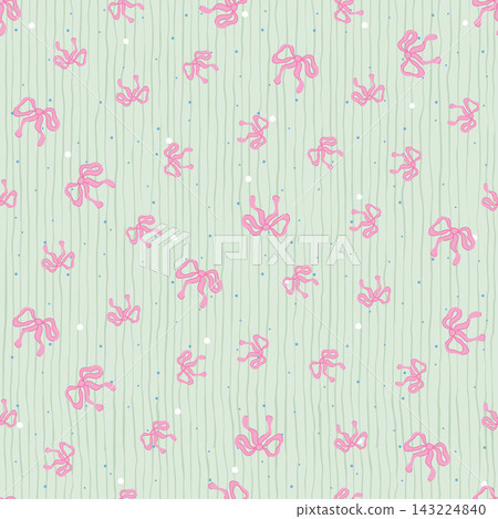 Seamless pattern with cute pink bows and dots on pale green background with wavy lines. Vector illustration for baby shower, wrapping paper, fabric print, textile, and vintage wallpaper design. Seamless pattern with cute pink bows and dots on pale green background with wavy lines. Vector illustration for baby shower, wrapping paper, fabric print, textile, and vintage wallpaper design. 143224840