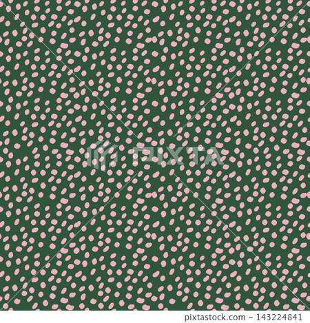 Seamless pattern with hand drawn irregular pink dots on dark green background. Abstract cute spotted texture vector illustration for fabric textile print, wrapping paper, and retro wallpaper design. Seamless pattern with hand drawn irregular pink dots on dark green background. Abstract cute spotted texture vector illustration for fabric textile print, wrapping paper, and retro wallpaper design. 143224841