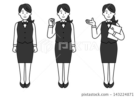 Full-body pose set of a female restaurant employee Full-body pose set of a female restaurant employee 143224871