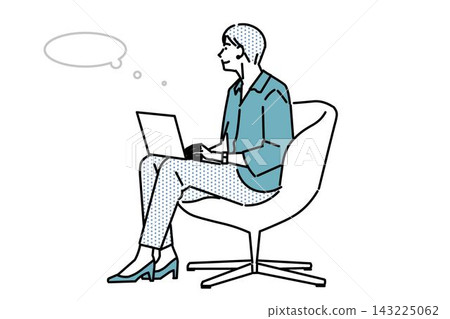 插圖描繪了一位坐在椅子上、操作筆記型電腦並思考的女士。 插圖描繪了一位坐在椅子上、操作筆記型電腦並思考的女士。 143225062