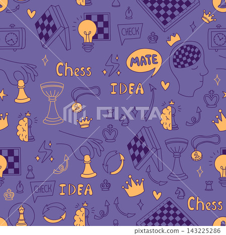 Chess Seamless Pattern. Business Strategy Dark Texture Doodle. Smart Idea Mind Brain Pawn Light Bulb Trophy Clock Board Step and Checkmate on Purple Background. Vector Illustration Hand Drawn. Chess Seamless Pattern. Business Strategy Dark Texture Doodle. Smart Idea Mind Brain Pawn Light Bulb Trophy Clock Board Step and Checkmate on Purple Background. Vector Illustration Hand Drawn. 143225286