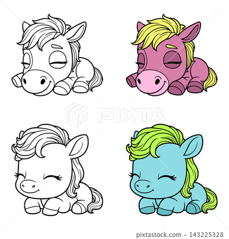 Vector line drawing of cartoon funny babies horses Vector line drawing of cartoon funny babies horses 143225328