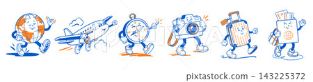 Travel retro mascot set with cartoon groovy characters. Collection stickers with funny walking Earth globe, airplane, compass, photo camera, luggage suitcase, passport and ticket. Vector illustration. 143225372