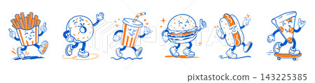 Fast food retro mascot set with cartoon groovy characters. Collection stickers with funny walking french fries, donut, soda drink in cup with straw, hamburger, hot dog, pizza. Vector illustration. Fast food retro mascot set with cartoon groovy characters. Collection stickers with funny walking french fries, donut, soda drink in cup with straw, hamburger, hot dog, pizza. Vector illustration. 143225385