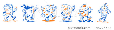 Bakery retro mascot set with cartoon groovy characters. Collection stickers with cute funny walking coffee in paper cup or mug, cookie, croissant, cupcake, ice drink with straw. Vector illustration. Bakery retro mascot set with cartoon groovy characters. Collection stickers with cute funny walking coffee in paper cup or mug, cookie, croissant, cupcake, ice drink with straw. Vector illustration. 143225388