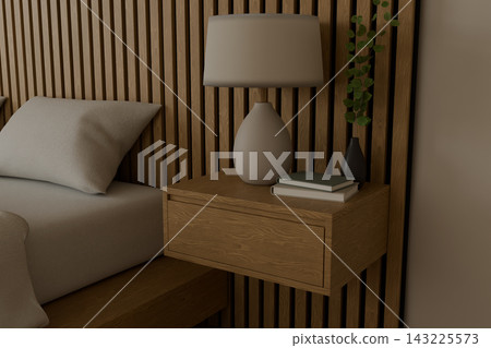 Floating oak nightstand with ceramic lamp beside a linen bed Floating oak nightstand with ceramic lamp beside a linen bed 143225573