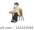 An illustration of a woman enjoying cake and coffee at a cafe. 143225694