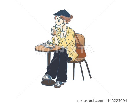 一幅描繪一位女士在咖啡館享用蛋糕和咖啡的插圖。 一幅描繪一位女士在咖啡館享用蛋糕和咖啡的插圖。 143225694
