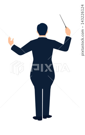A full-body illustration of a male conductor, back view, conducting an orchestra with a baton. 143226124