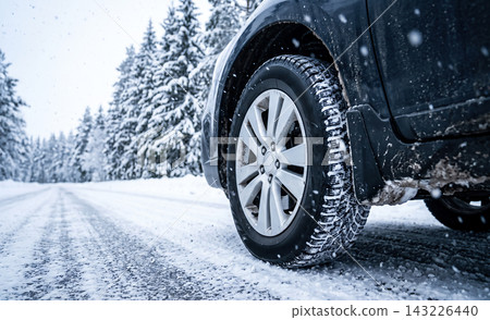 Car tire on snowy forest road with falling snow and pine trees, winter Car tire on snowy forest road with falling snow and pine trees, winter 143226440
