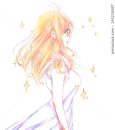 A woman in a white dress, viewed from the side, with her hair flowing in the wind, sparkling. A woman in a white dress, viewed from the side, with her hair flowing in the wind, sparkling. 143226987