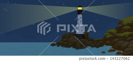 Lighthouse at night. Dark sky with moon, star scenery. Beacon glow on rocky shore. Ocean coast maritime. Moody marine landscape, scenic wave. Horizontal backdrop. Vector nocturnal calm background 143227062
