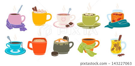Hot drink in mug. Chocolate coffee, cocoa. Whipped cream with marshmallows. Mulled wine, cozy cup steam. Warm beverage autumn, winter assortment. Vector cafe cartoon flat style isolated illustration 143227063