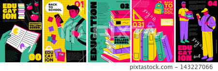 School abstract. Cover for student. University college. Poster design. Study flyer. Education graduate. Knowledge banner, promotion vector creative garish collage cartoon flat isolated illustration School abstract. Cover for student. University college. Poster design. Study flyer. Education graduate. Knowledge banner, promotion vector creative garish collage cartoon flat isolated illustration 143227066