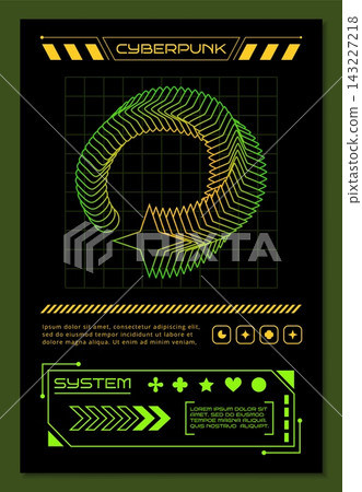 Futuristic cyber interface poster. Neon grid wireframe with abstract circular arrow and star, plus system panels, sci-fi UI design elements for digital dashboard, gaming technology vector illustration Futuristic cyber interface poster. Neon grid wireframe with abstract circular arrow and star, plus system panels, sci-fi UI design elements for digital dashboard, gaming technology vector illustration 143227218