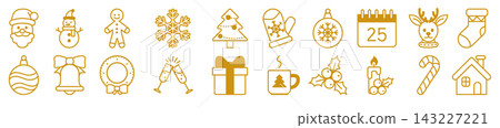 Christmas icon set. Xmas border. Gold decor, frame. Santa, reindeer hand drawn festive tree. Gingerbread ornament. Element holiday. Celebration icon. Vector sign flat style isolated illustration Christmas icon set. Xmas border. Gold decor, frame. Santa, reindeer hand drawn festive tree. Gingerbread ornament. Element holiday. Celebration icon. Vector sign flat style isolated illustration 143227221