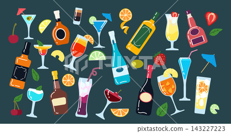 Cocktail. Drink party. Glass alcohol. Summer margarita, martini. Tropical beverage at bar celebration. Fruit, lime with ice. Menu lounge. Vector stickers, cartoon flat style isolated illustration Cocktail. Drink party. Glass alcohol. Summer margarita, martini. Tropical beverage at bar celebration. Fruit, lime with ice. Menu lounge. Vector stickers, cartoon flat style isolated illustration 143227223