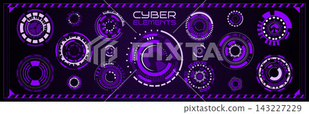 Interface HUD. Circle of UI. Touch user element. Futuristic tech shape round. Technology digital, graphic cyber. Frame screen, border rings. Vector garish visualization panel isolated objects set Interface HUD. Circle of UI. Touch user element. Futuristic tech shape round. Technology digital, graphic cyber. Frame screen, border rings. Vector garish visualization panel isolated objects set 143227229