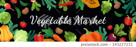 Farm crop texture. Plant harvest. Vegetable market, grocery. Fresh cartoon garden. Fruit produce, vegetation for supermarkets. Goods template. Horizontal banner background. Vector tidy isolated set 143227231