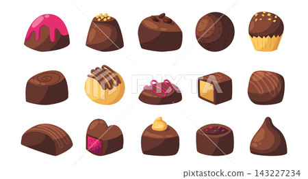 Chocolate icons. Bonbon with praline. Gift candy for holiday. Dessert from cafe. Cocoa from cafe menu. Sugar snack. Truffle for gourmet. Vector garish sweet cartoon flat style isolated illustration 143227234