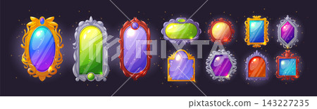 Magic mirror. Old cartoon glass. Vintage retro frame. Wooden medieval ornament icon. Fantasy border luxury. Silver iron shape for game. Vector garish portal set, isolated decoration illustration 143227235