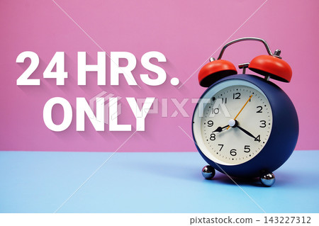 24 Hrs. Only text with alarm clock on pink and blue background 24 Hrs. Only text with alarm clock on pink and blue background 143227312