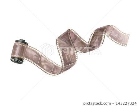 Vintage photographic film roll with curling strip, hand-painted watercolor illustration isolated on white. Suitable for photography, scrapbooking, stationery, photo albums and creative projects Vintage photographic film roll with curling strip, hand-painted watercolor illustration isolated on white. Suitable for photography, scrapbooking, stationery, photo albums and creative projects 143227324