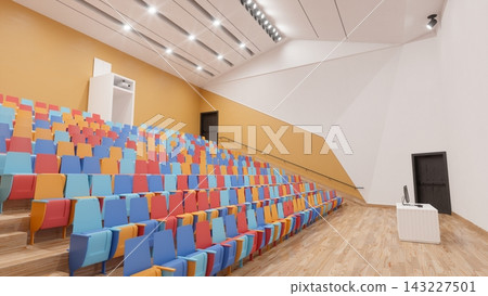 3D render of an empty, modern auditorium with tiered, colorful seating and a white podium at the front. 3D render of an empty, modern auditorium with tiered, colorful seating and a white podium at the front. 143227501