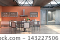 3D render of a modern open-plan kitchen and dining area with an orange accent wall, skylights, and a glass partition. 143227506